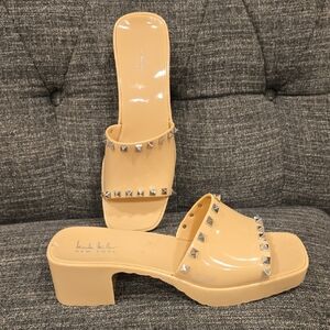 Nicole Miller New York Nude Studded Block Heel Mules